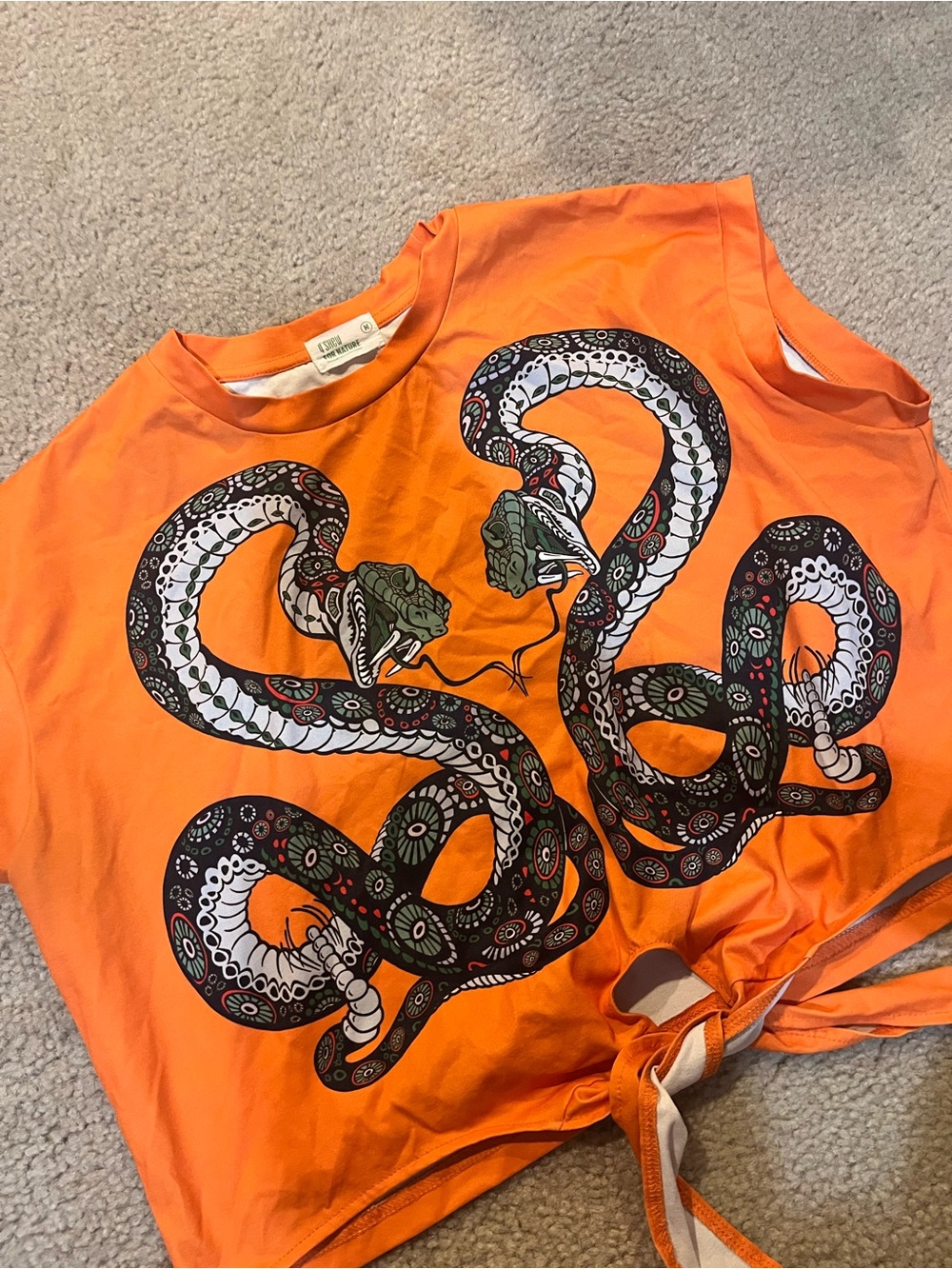 Orange Snake Graphic Reptile Tee with Tie Front Y2K medium crop top